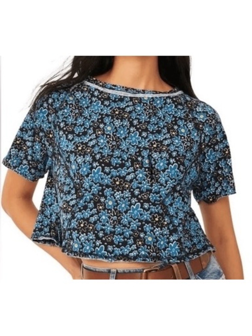 Free People We The Free Sammie Floral Crop Top Tee Blue Black Stitching XS